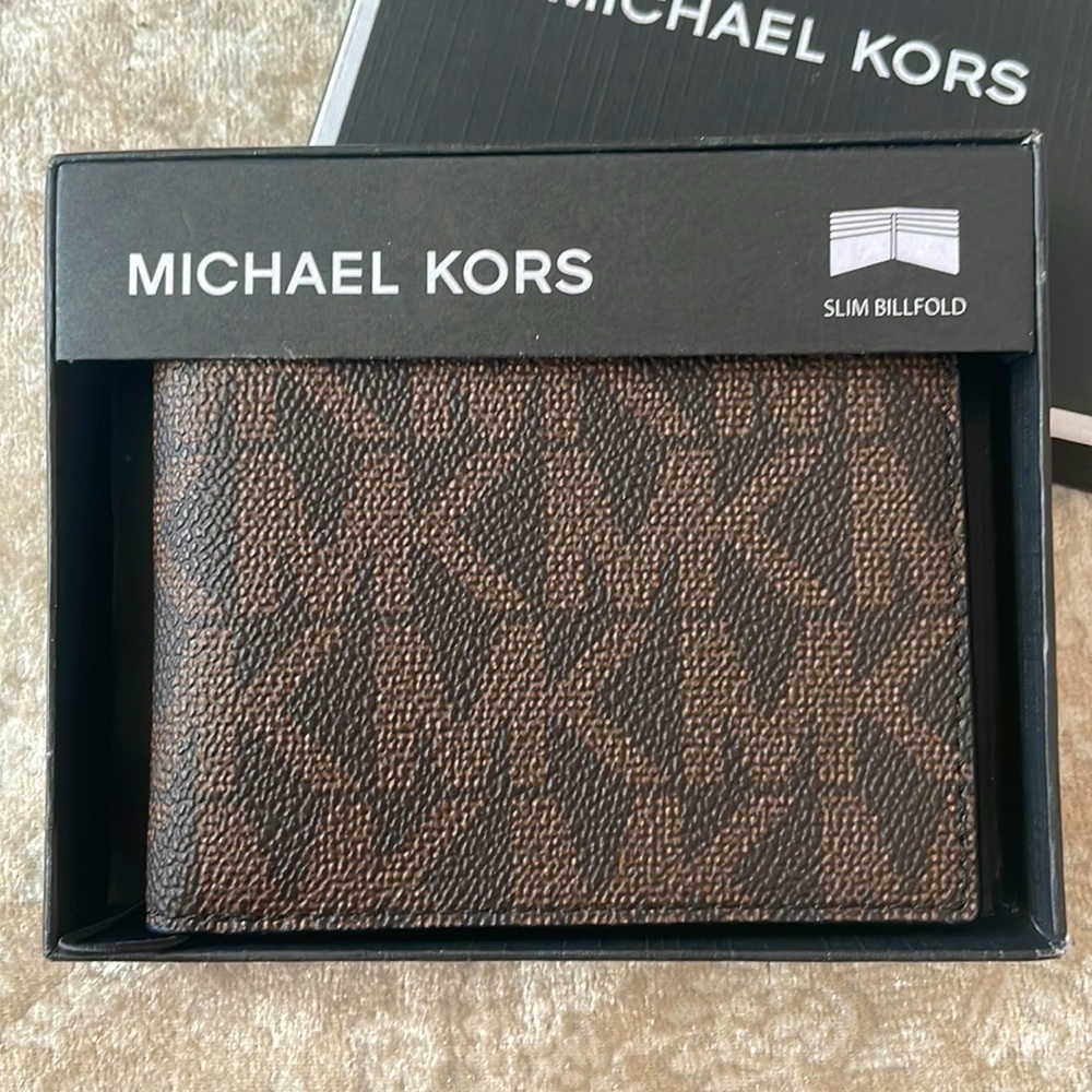 Brand New Michael Kors Jet Set Men’s Slim Billfold Brown & Black Logo Wallet - Picture 3 of 15
